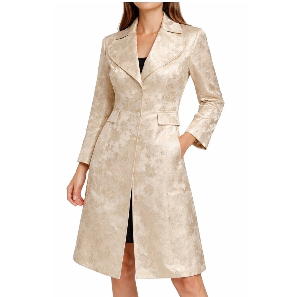 WDNY Ivory VTG Floral Jacquard Satin Long Coat Retro Glam Spring City trench 8M